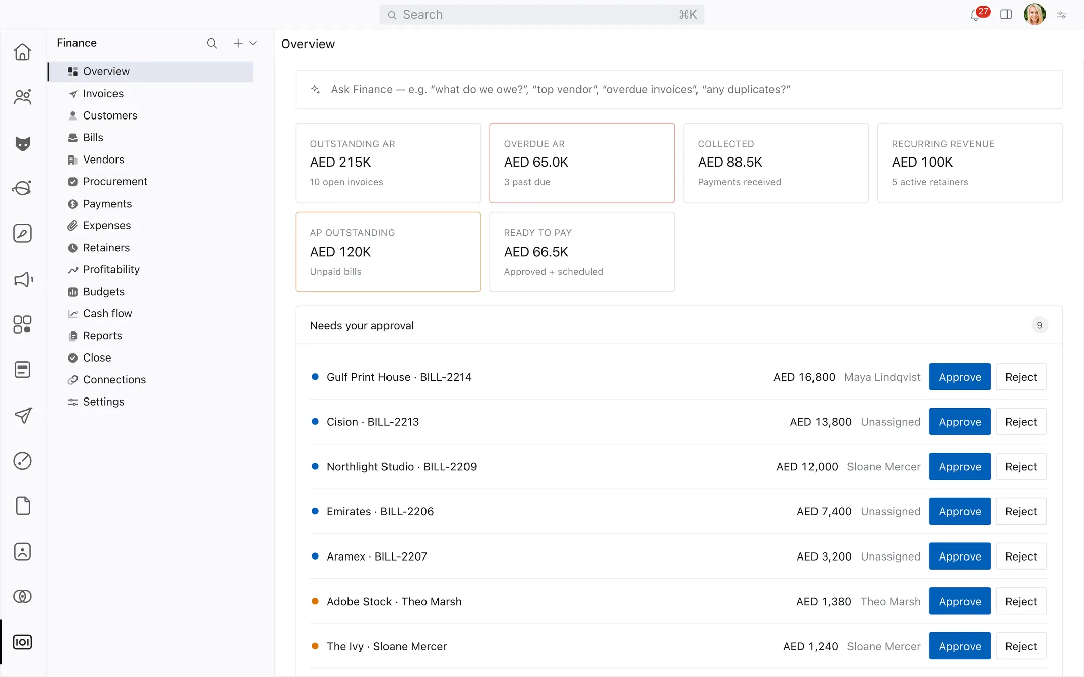 The finance overview in nineloops, showing outstanding receivables, overdue amounts and a queue of bills awaiting approval.