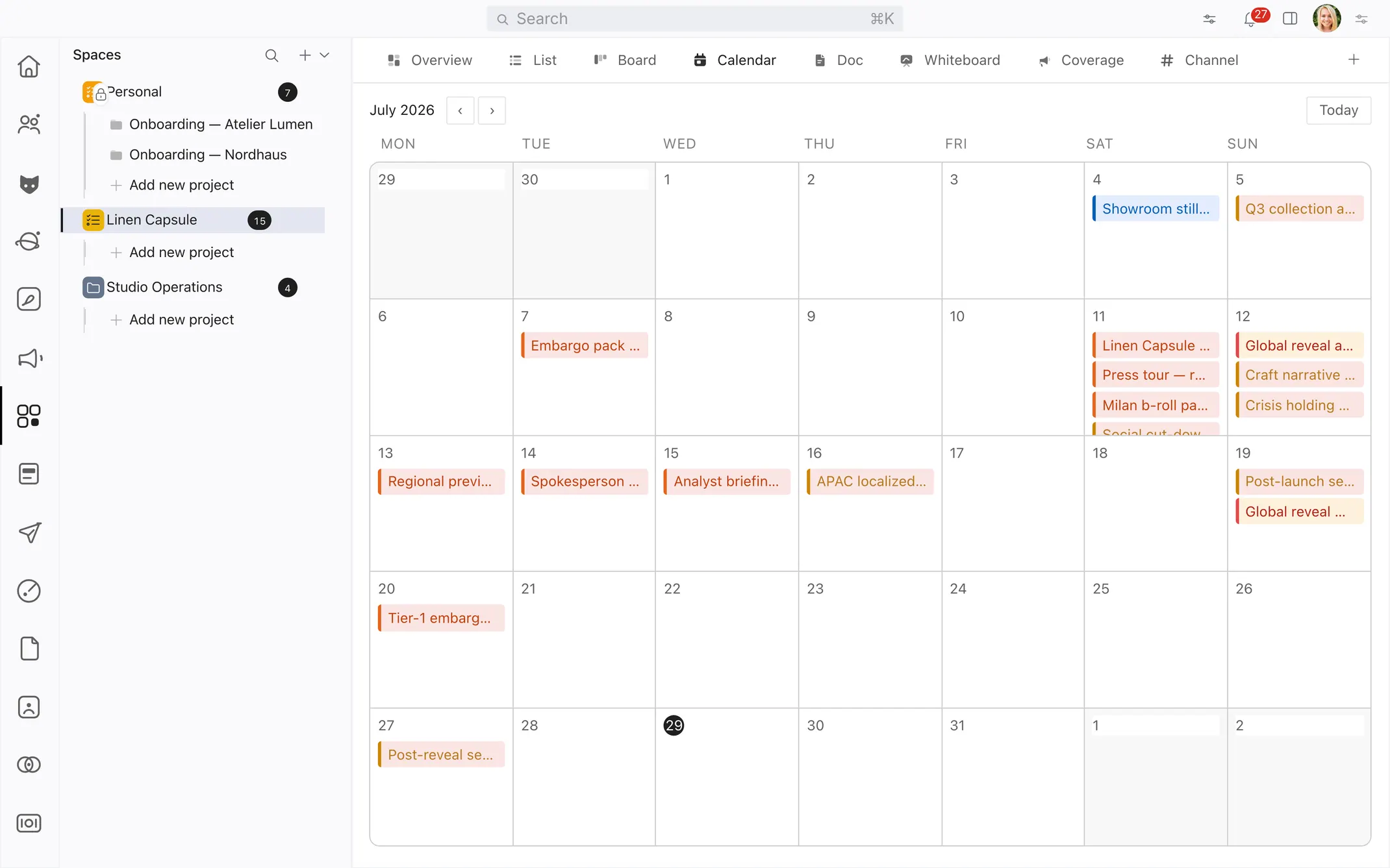 A project calendar in nineloops, with scheduled work laid out across the month.
